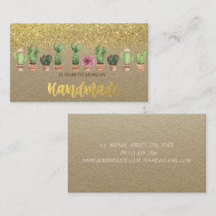 Rustiek, Kraft, Waterverf Cactus Goud Glitter Visitekaartje