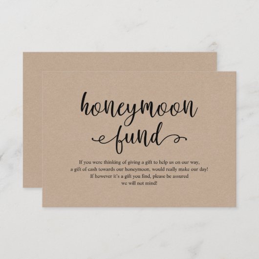 Rustiek kraft zwart script, Wedding Honeymoon Fund Informatiekaartje (Voorkant / Achterkant)
