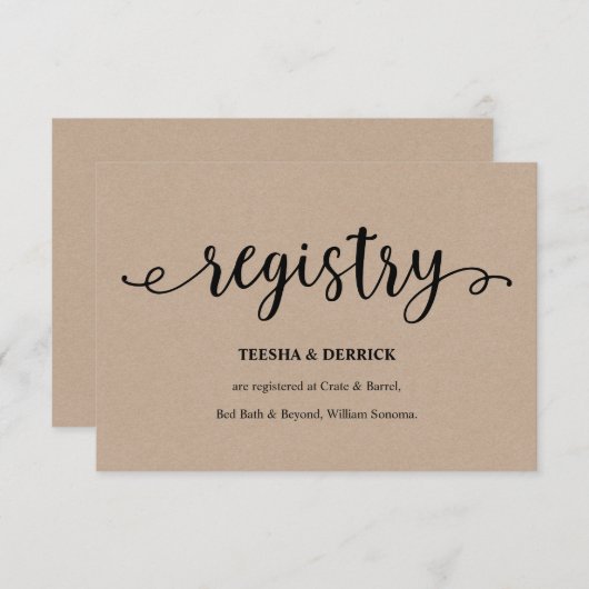 Rustiek kraft zwart script, Wedding Registry Informatiekaartje (Voorkant / Achterkant)
