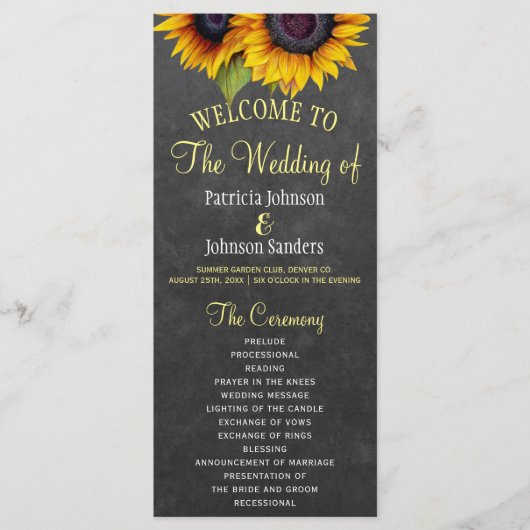 Rustiek krijtbord zonnebloemen bruiloft programma (Voorkant)