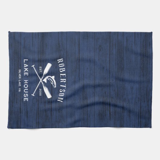 Rustiek Lake House Familienaam Marine Blauw Hout Theedoek (Horizontaal)