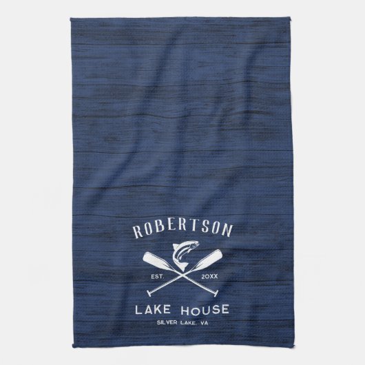 Rustiek Lake House Familienaam Marine Blauw Hout Theedoek (Verticaal)