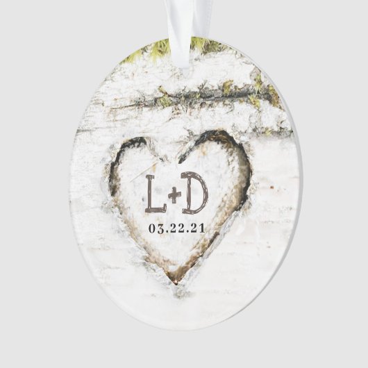 Rustiek Land Berk Tree Hart Bruiloft Initialen Ornament (voorkant)
