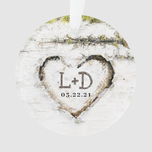 Rustiek Land Berk Tree Hart Bruiloft Initialen Ornament (voorkant)