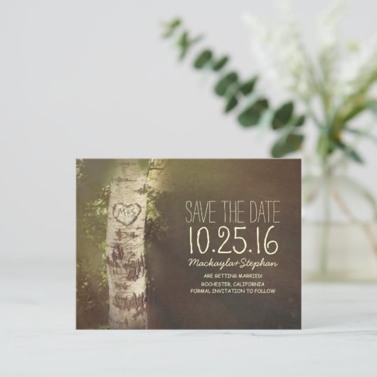 Rustiek land bewaar de datum met berkenboom aankondigingskaart (Staand voorkant)