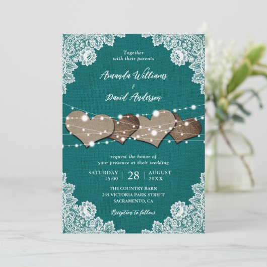 Rustiek Land Blauwgroen Burlap Kant Bruiloft Kaart (Staand voorkant)