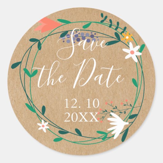 Rustiek Land Bloemen Garland Save the Date Ronde Sticker (Voorkant)