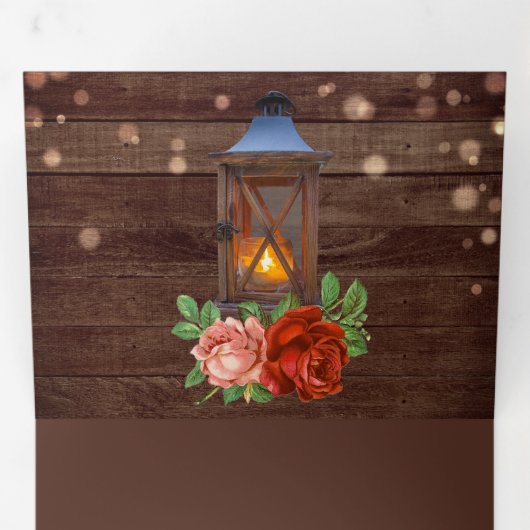 rustiek land bloemenhout lantaarn bruiloft drieluik uitnodiging (Binnenzijde eerst)