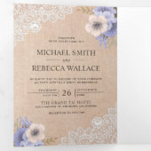 Rustiek Land Burlap Kant Paarse Bloemen Bruiloft Drieluik Uitnodiging (Binnenzijde eerst)