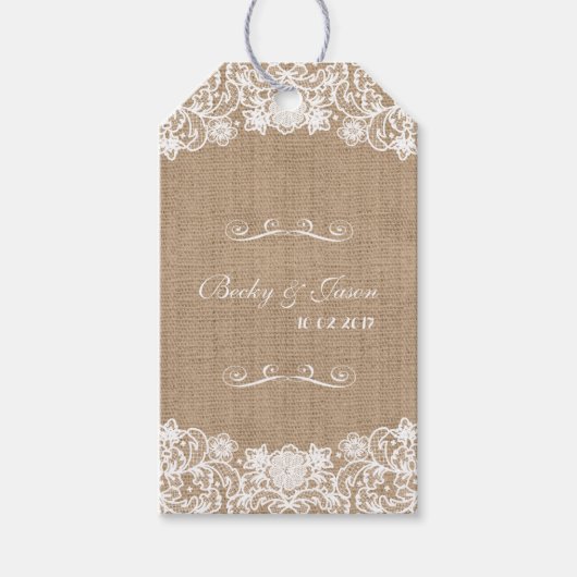 Rustiek Land Burlap Lace Bruiloft Gift Labels Cadeaulabel (Voorkant)