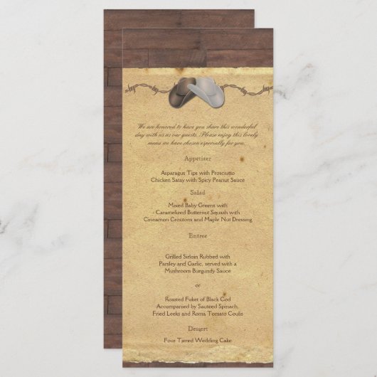 Rustiek Land Cowboy Pet Prikkeldraad Bruiloft Menu (Voorkant / Achterkant)
