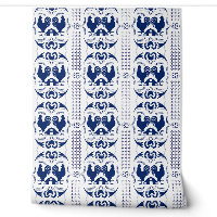 Rustiek Land Haan en Schuur Patroon Blauw Wit