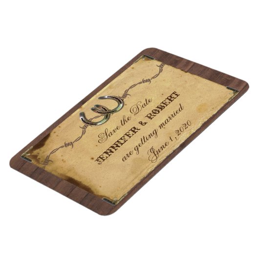 Rustiek Land Hoefijzers Bruiloft Save the Date Magneet (Linkerzijde)