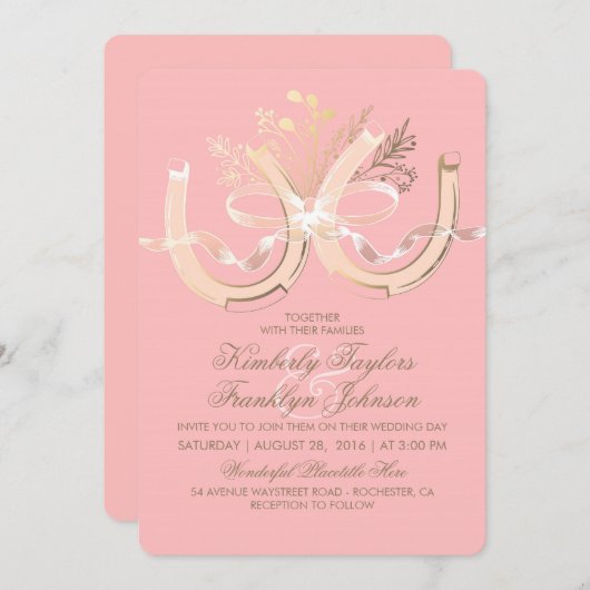 Rustiek Land Hoefijzers Goud en Roze Bruiloft Kaart (Voorkant / Achterkant)