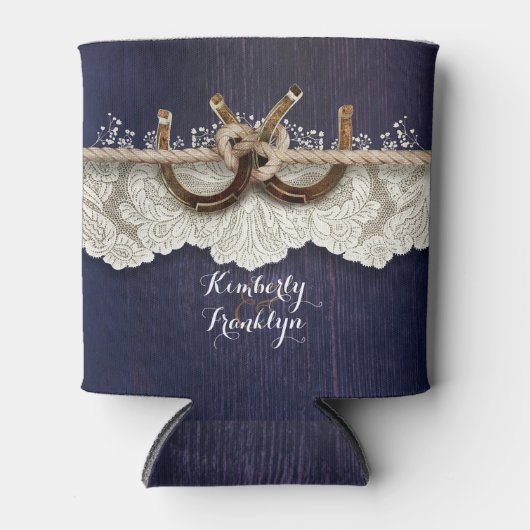 Rustiek Land Hoefijzers Kant Hout Navy Bruiloft Blikjeskoeler (Voorkant)