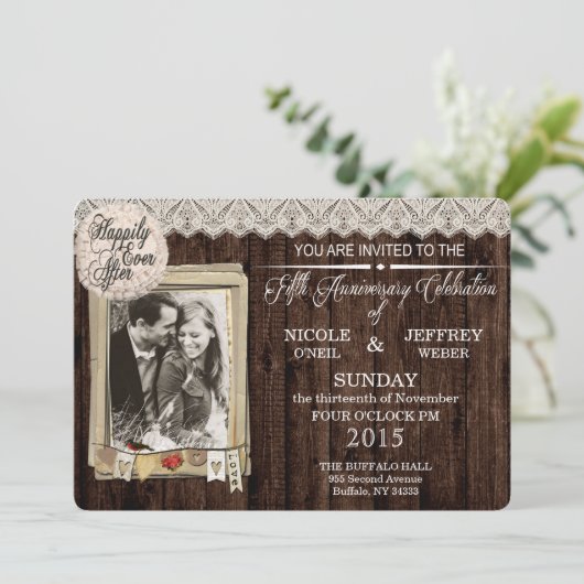 Rustiek land hout 5 jaar Jubileum uitnodiging (Staand voorkant)