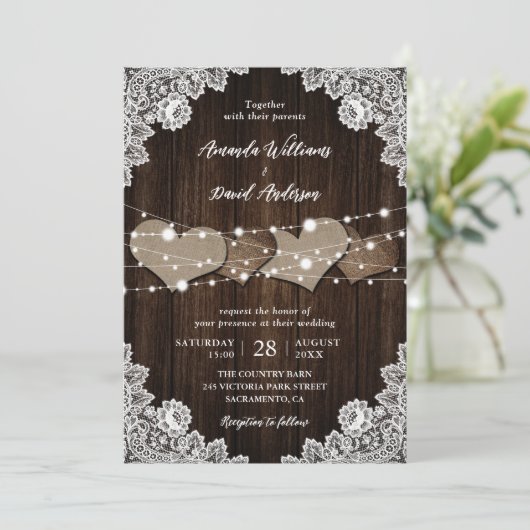 Rustiek Land Hout Burlap Kant Bruiloft Uitnodiging (Staand voorkant)