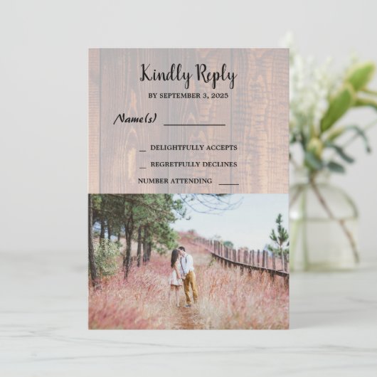 Rustiek land hout elegante foto bruiloft RSV Kaart (Staand voorkant)