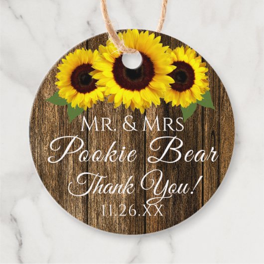 Rustiek land hout en zonnebloemen bruiloft gast bedankjes labels (Voorkant)