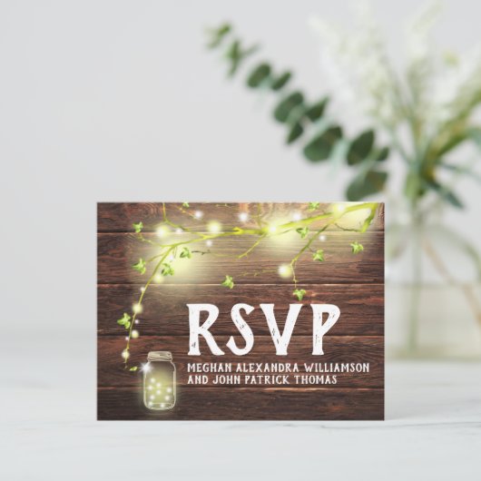 Rustiek Land Hout Mason Jar String Lights RSVP Briefkaart (Staand voorkant)
