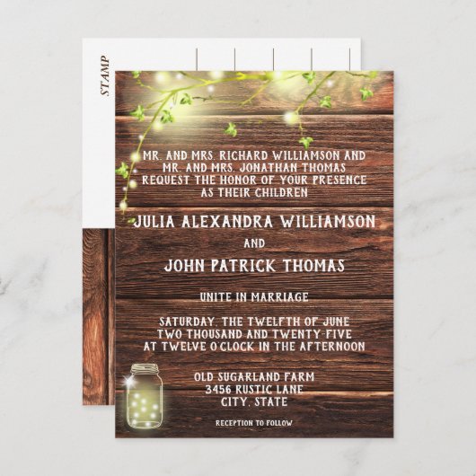 Rustiek Land Hout Mason String Lights Bruiloft Uitnodiging Briefkaart (Voorkant / Achterkant)