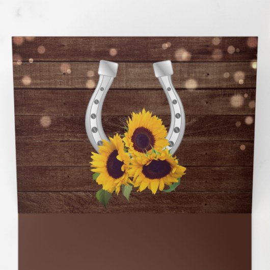 Rustiek Land Hout Zonnebloem Hoefijzer Bruiloft Drieluik Uitnodiging (Binnenzijde eerst)