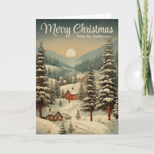 Rustiek land met sneeuw bedekte kerstdorp feestdagen kaart (Voorkant)