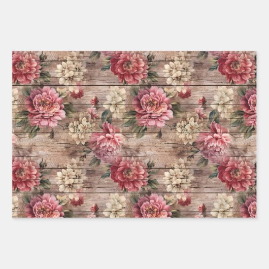 Rustiek land noodlijdend hout roze bloemen inpakpapier vel (Voorkant)