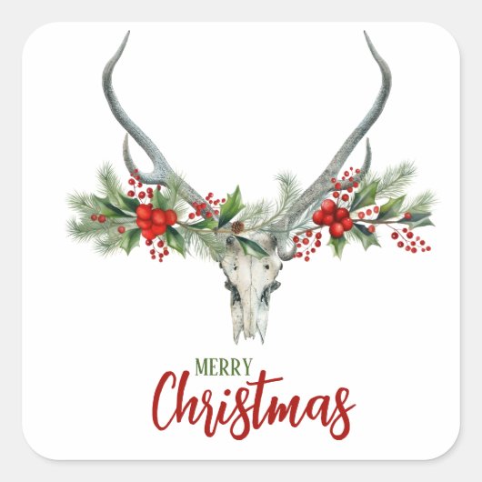 Rustiek Land Rendier Schedel & Garland Kerstmis Vierkante Sticker (Voorkant)