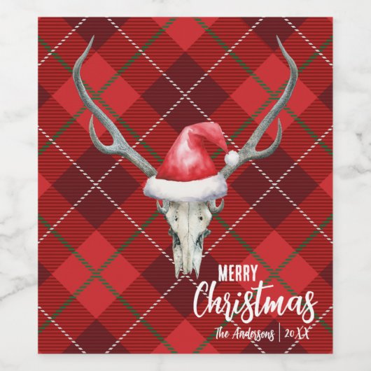 Rustiek Land Rendier Schedel & Santa Ha Kerstmis Wijn Etiket (Enkel label)