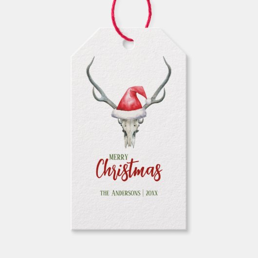 Rustiek Land Rendier Schedel & Santa Hoed Cadeaulabel (Voorkant)