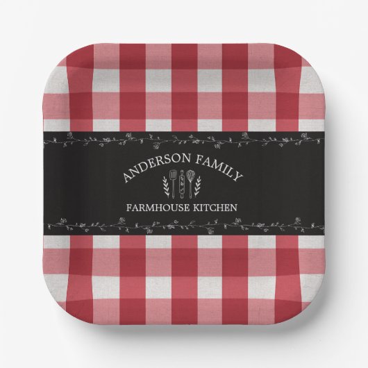 Rustiek Land Rood Gingham Zwart krijtbord Papieren Bordje (Voorkant)