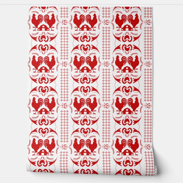 Rustiek Land Rooster en Schuur Patroon Rood Wit Behang (Afrollen)
