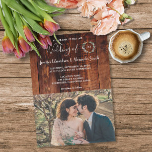 Rustiek land schuur hout monogrammed foto Bruiloft Kaart