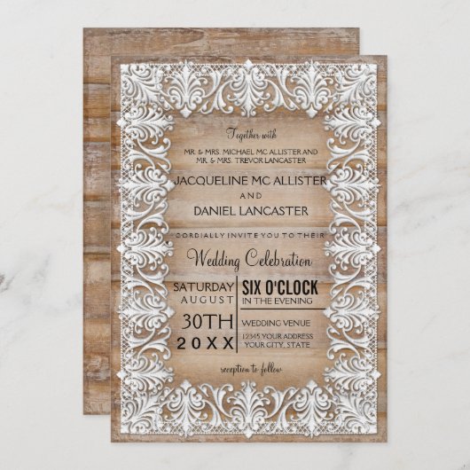 Rustiek Land Schuur Stijl Kant Hout Bruiloft Kaart (Voorkant / Achterkant)