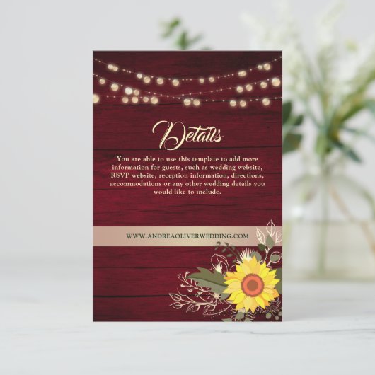 Rustiek Land Zonnebloem Bruiloft Details Informatiekaartje (Staand voorkant)