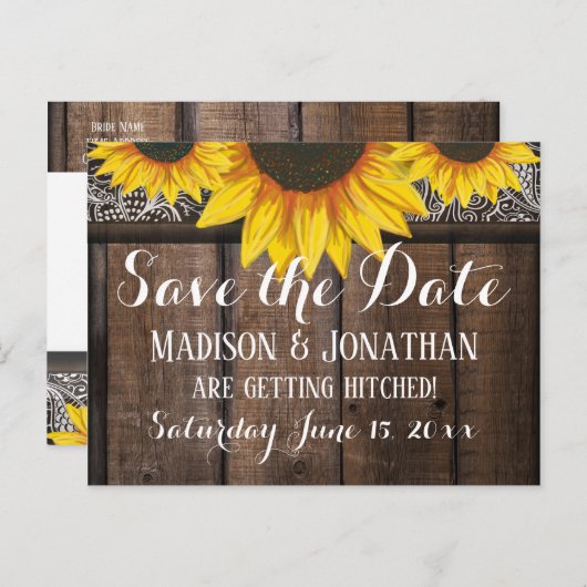 Rustiek Land Zonnebloem Schuur Hout Save the Date Briefkaart (Voorkant / Achterkant)