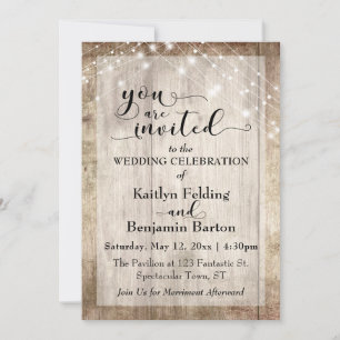 Rustiek licht bruin hout w / licht snaren, bruilof kaart