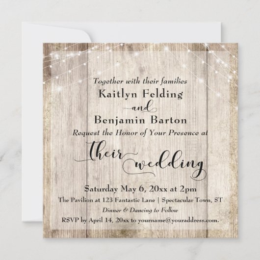Rustiek Licht Bruin Hout & Witte Lichten Bruiloft Kaart (Voorkant)