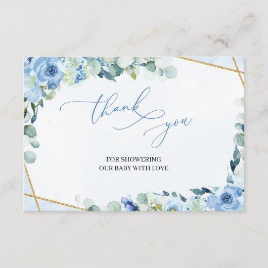 Rustiek Lichtblauw Bloemen Goud Geometrisch Dank u Informatiekaartje (Voorkant)