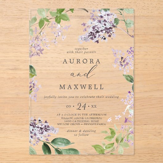 Rustiek Lila Modern Boho Waterverf Bloemen Huwelij Acryl Uitnodigingen (Voorkant)