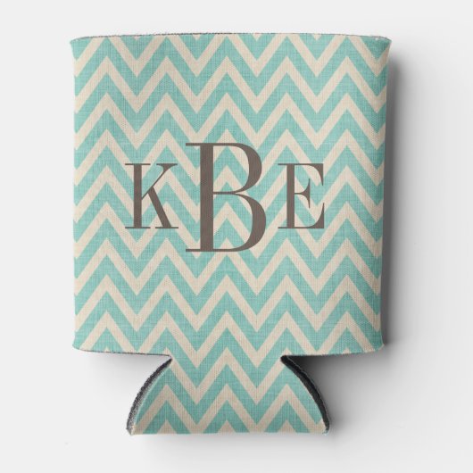 Rustiek Linnen Beige en Aqua Chevron Monogram Blikjeskoeler (Voorkant)