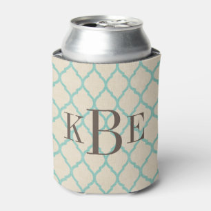 Rustiek Linnen Beige en Aqua Quatrefoil Monogram Blikjeskoeler