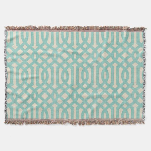 Rustiek Linnen Beige en Aqua Trellis Deken (Voorkant)