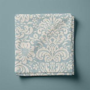 Rustiek Linnen Beige en Blauw Bloemen Damast Stof
