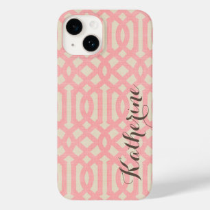 Rustiek Linnen Beige en Roze Trellis Monogram Case-Mate iPhone 14 Hoesje