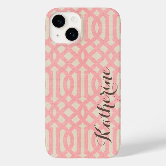 Rustiek Linnen Beige en Roze Trellis Monogram Case-Mate iPhone Case (Achterkant)