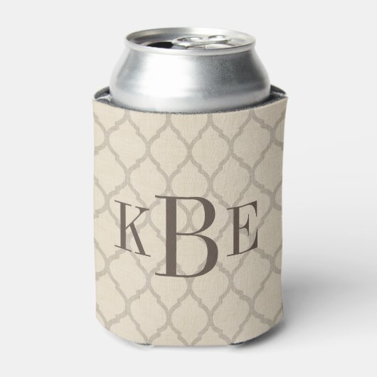 Rustiek Linnen Beige en Taupe Quatrefoil Monogram Blikjeskoeler (Blikje Voorkant)