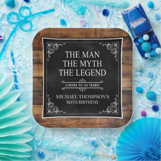 Rustiek Man Myth Legend 50th Birthday Black Papieren Bordje (Feest)