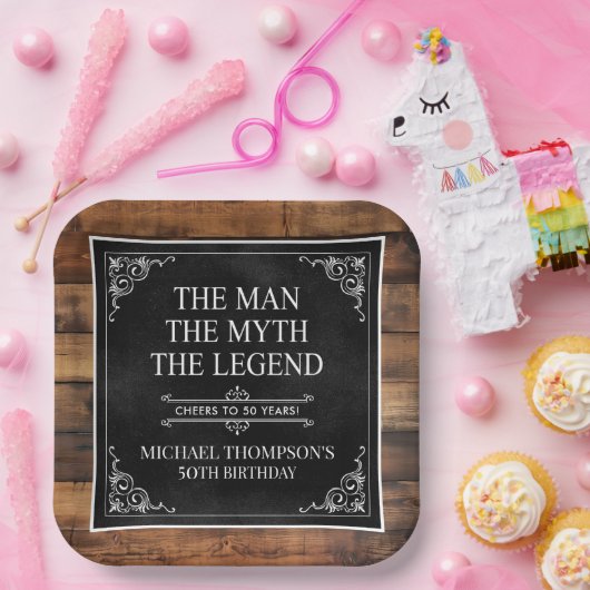 Rustiek Man Myth Legend 50th Birthday Black Papieren Bordje (Feest)